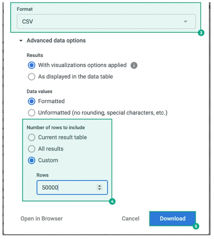 spreadsheet download with format dropdown, numbers of row to include and download button highlighted