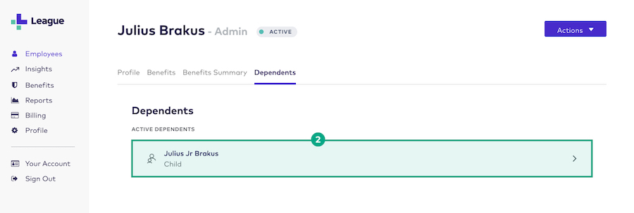 League's admin portal active dependent highlighted in a specific employee's screen
