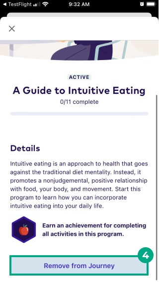 Program detail screen with remove from journey button highlighted on the League app