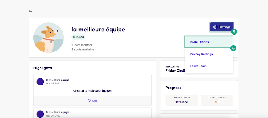 Team details screen with the settings and invite friends buttons highlighted