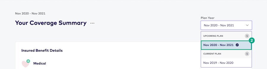 your coverage summary screen plan year date picker with upcoming plan year highlighted
