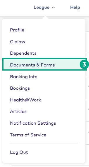 Menu screen on the League website app with the Documents and Forms button highlighted