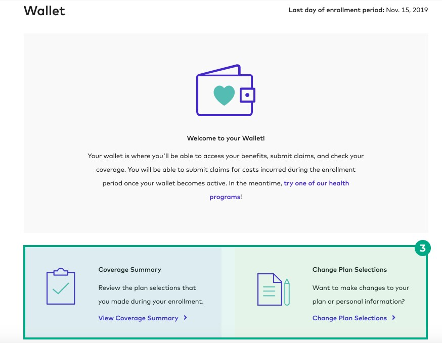 Wallet screen during enrollment period on the League website with coverage summary and change plan selections sections highlighted