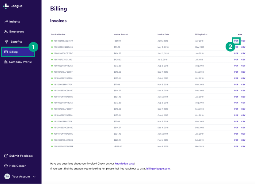 HR portal billing screen with the PDF button for one invoice highlighted