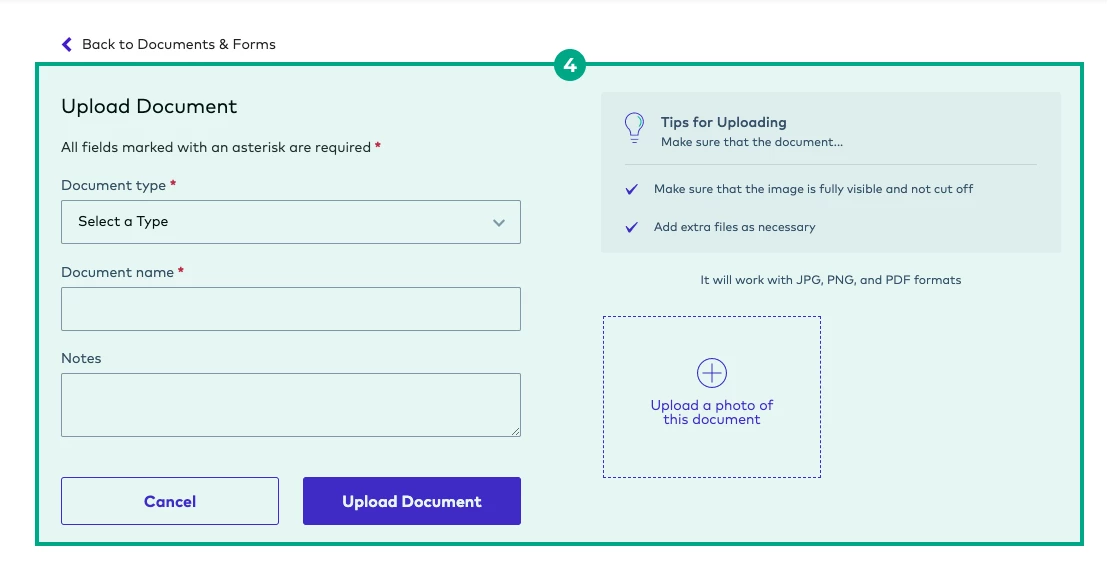 Upload a document screen with document upload details highlighted