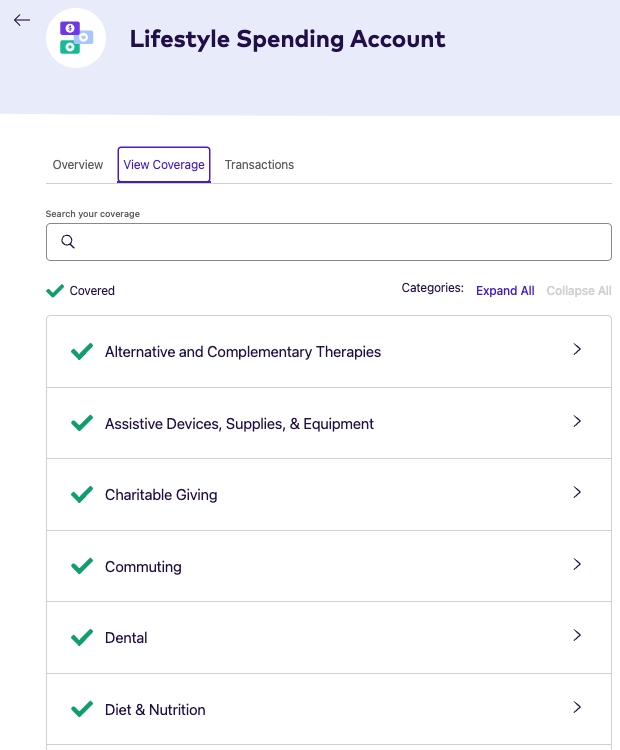Lifestyle spending account coverage screen on the League website