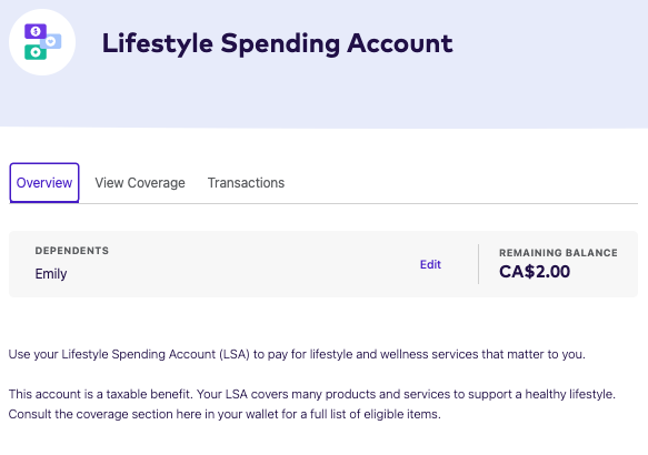 Lifestyle spending account overview screen on the League website