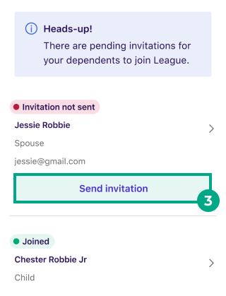 Dependents screen on the League mobile app with the Send Invitation button highlighted