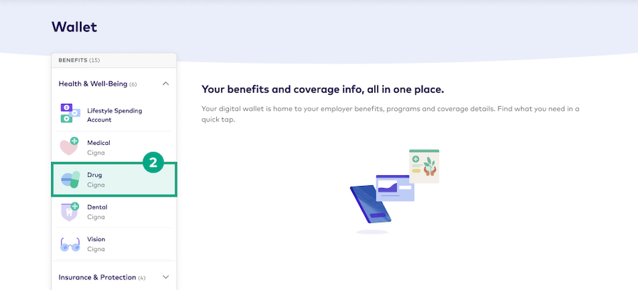 Wallet page on the League website with the Drug benefit highlighted
