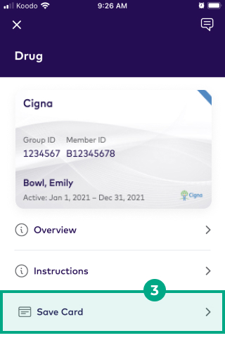 Benefit screen on the League mobile app with the Save Card button highlighted