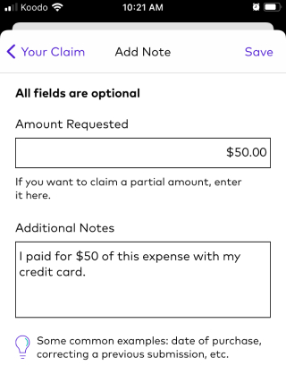 Screenshot of a Lifestyle Spending Account claim on the League mobile app