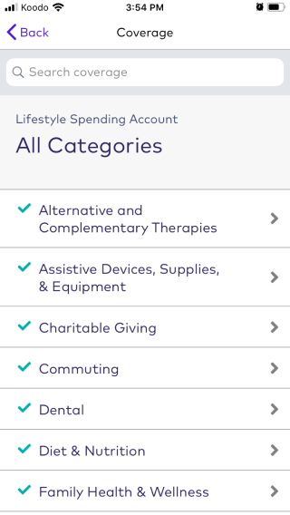 Lifestyle Spending Account Coverage screen on the League mobile app