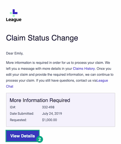 Claim Status email with the View Details button highlighted