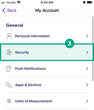 Security button highlighted in the my account menu