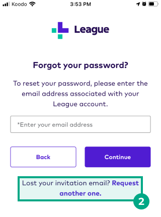 lost your invitation request another one link highlighted in League's app sign in screen