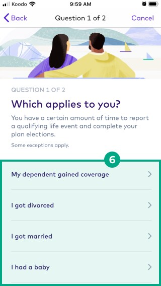 Different qualifying life events options highlighted in the qualifying life event screen