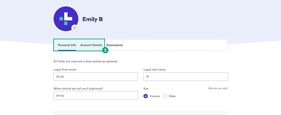 personal info and account details buttons highlighted in the profile screen