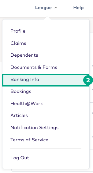 Menu dropdown on the League website with the Banking Info button highlighted
