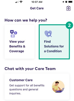 Find solutions for a condition button highlighted in League's app get care screen