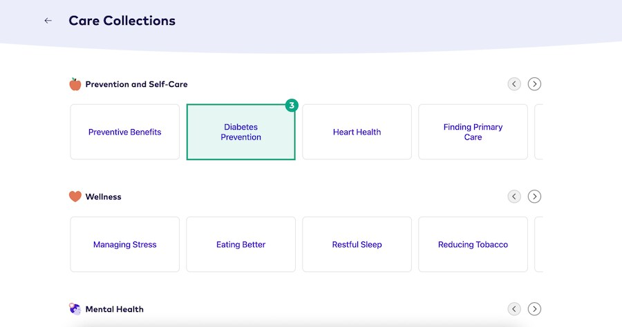 diabetes prevention button highlighted in league's website care collections screen