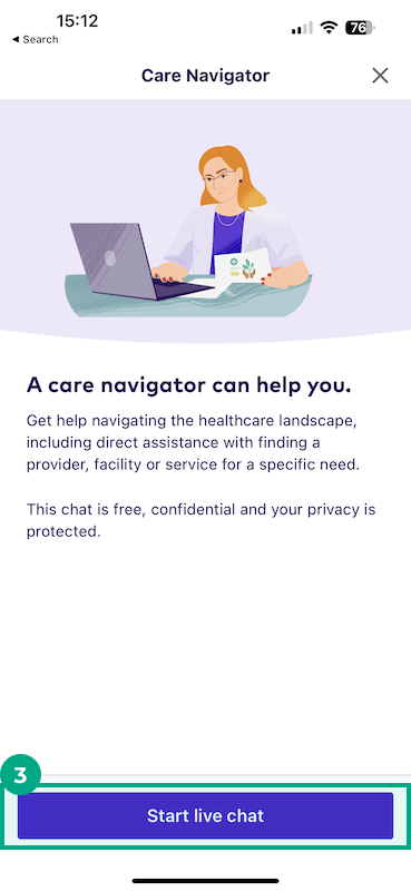 start live chat button highlighted in the care navigator chat screen