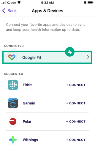 The apps and devices screen on the League mobile app, with Google Fit selected under the Connected heading.