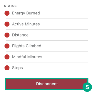The Google Fit screen on the League mobile app showing that no data is being synced with the League app, and the disconnect button highlighted.