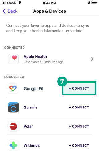 The Apps and Devices screen on the League mobile app, with Google Fit selected under the Suggested heading.