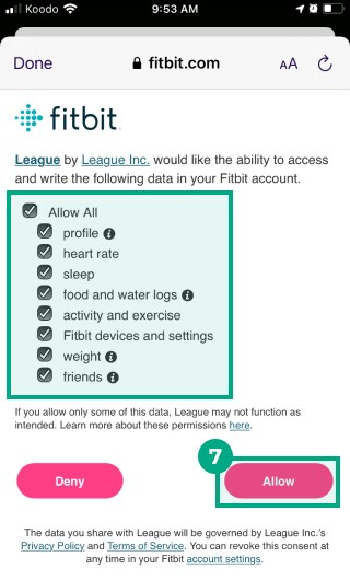 fitbit app data sharing screen with data points you can choose to share and allow button highlighted