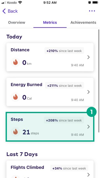 Steps data point highlighted in the metrics tab