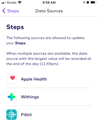 screen showing possible data sources for the selected data point